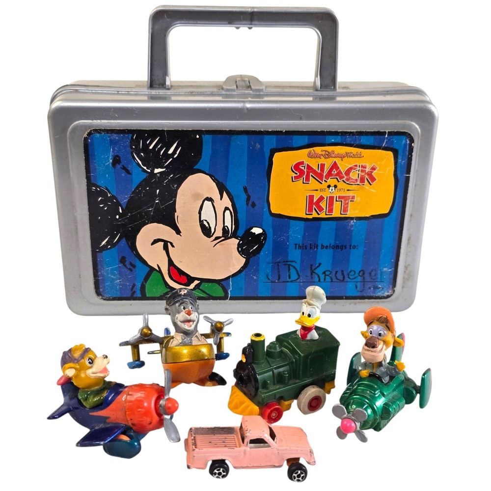 Vintage Walt Disney World Mickey Mouse Snack Kit Case with Character Toy Lot